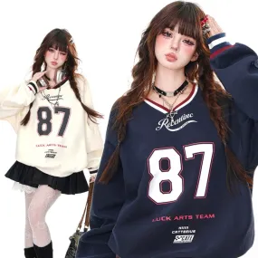 American College Style V-neck Long-Sleeved Sweatshirt