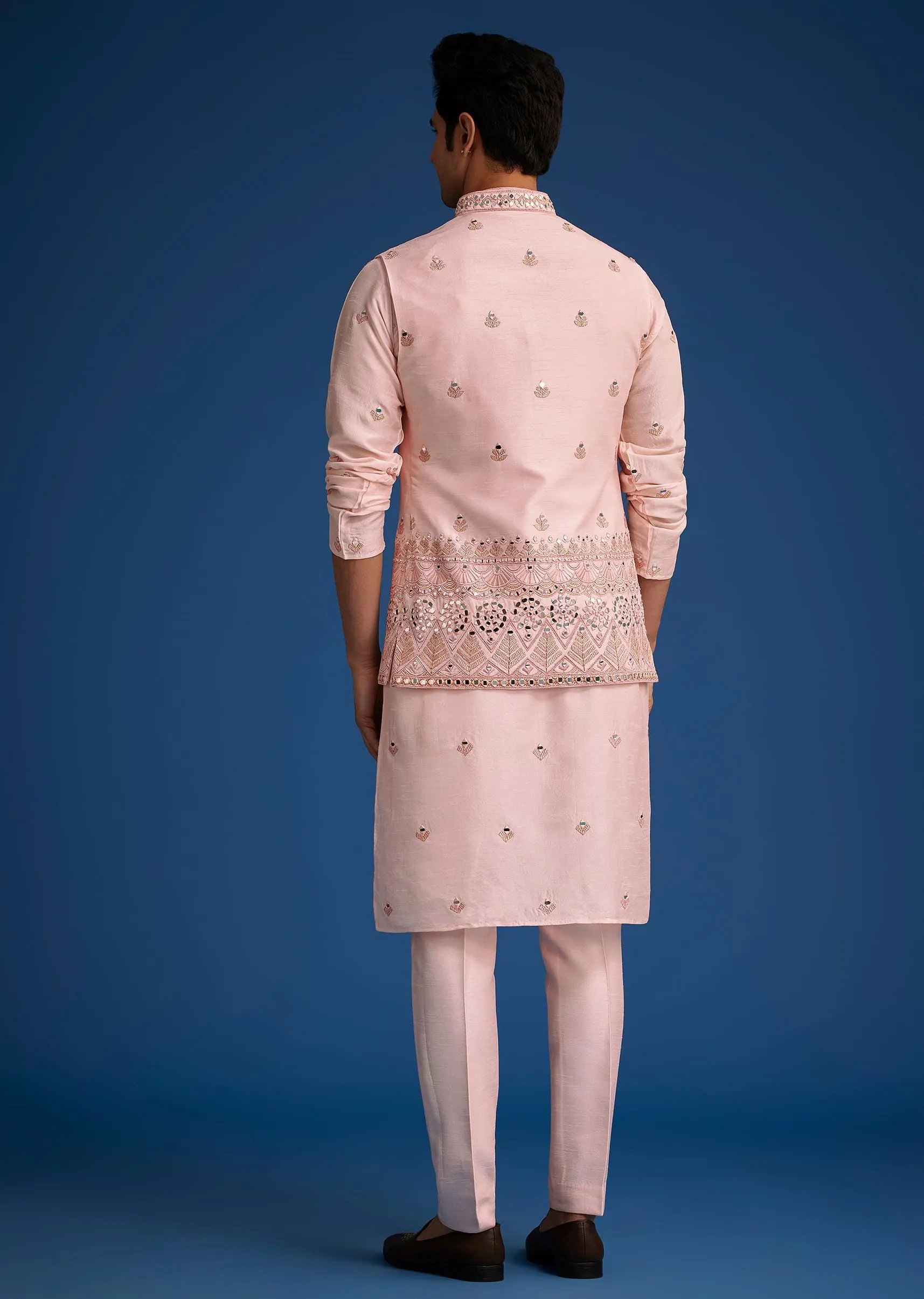 Baby Pink Tussar Kurta Jacket Set With Mirror Embroidery