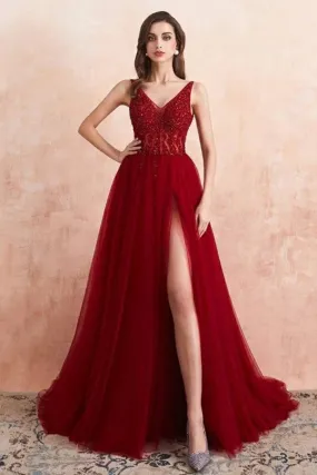 Ballbellas Burgundy V-Neck Sleeveless Split Evening Dress Long Tulle with Beads