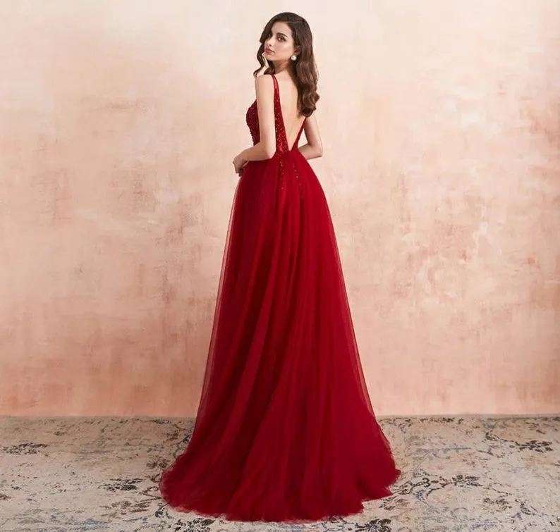 Ballbellas Burgundy V-Neck Sleeveless Split Evening Dress Long Tulle with Beads