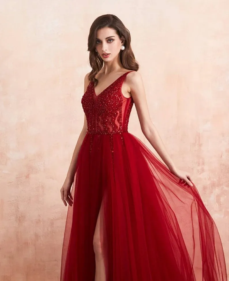 Ballbellas Burgundy V-Neck Sleeveless Split Evening Dress Long Tulle with Beads