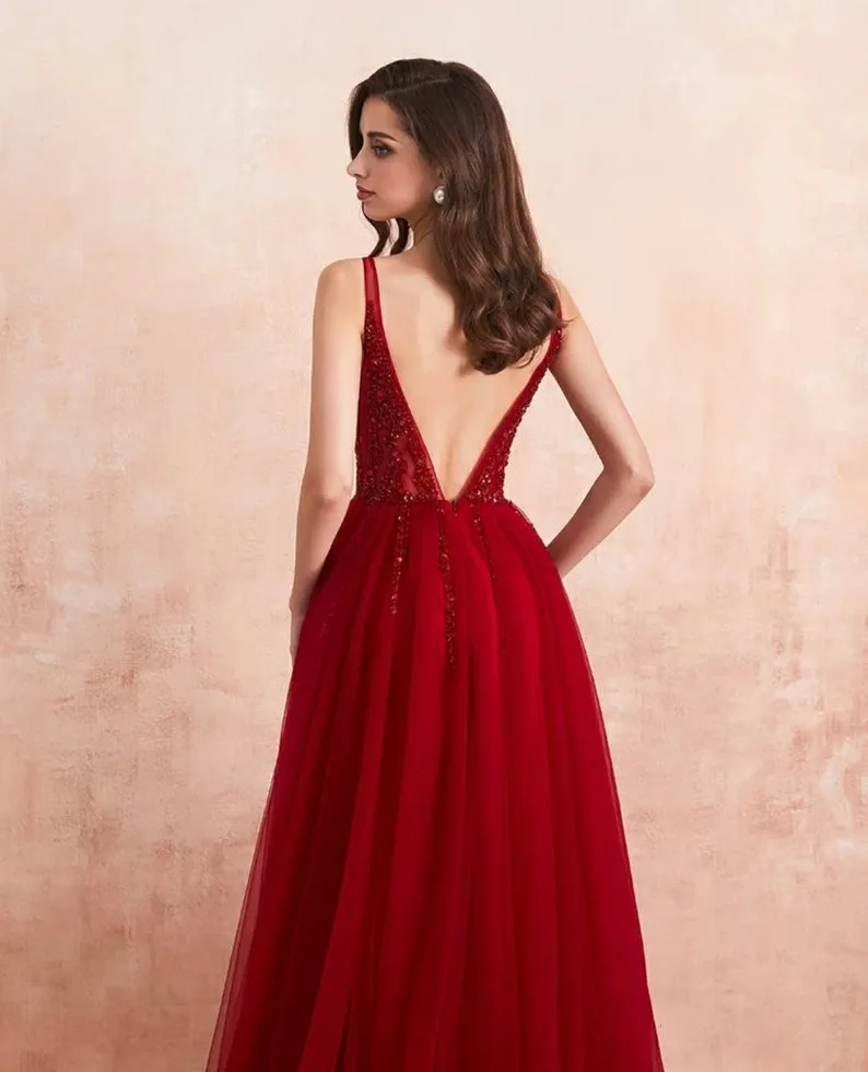 Ballbellas Burgundy V-Neck Sleeveless Split Evening Dress Long Tulle with Beads