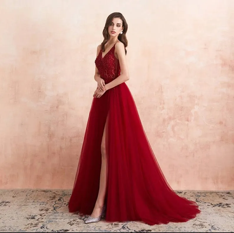 Ballbellas Burgundy V-Neck Sleeveless Split Evening Dress Long Tulle with Beads
