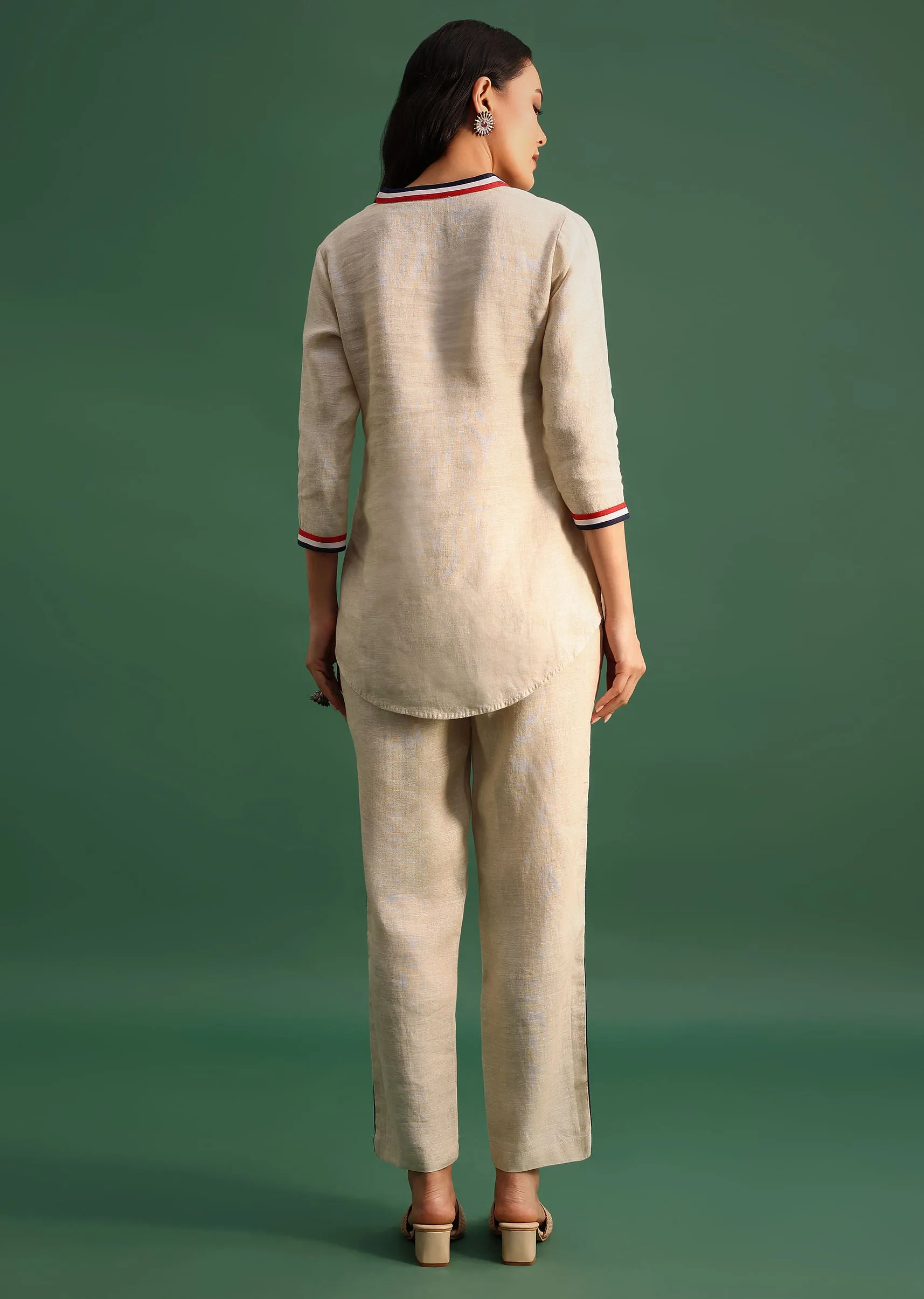 Beige Linen Top And Pant With Patch Work