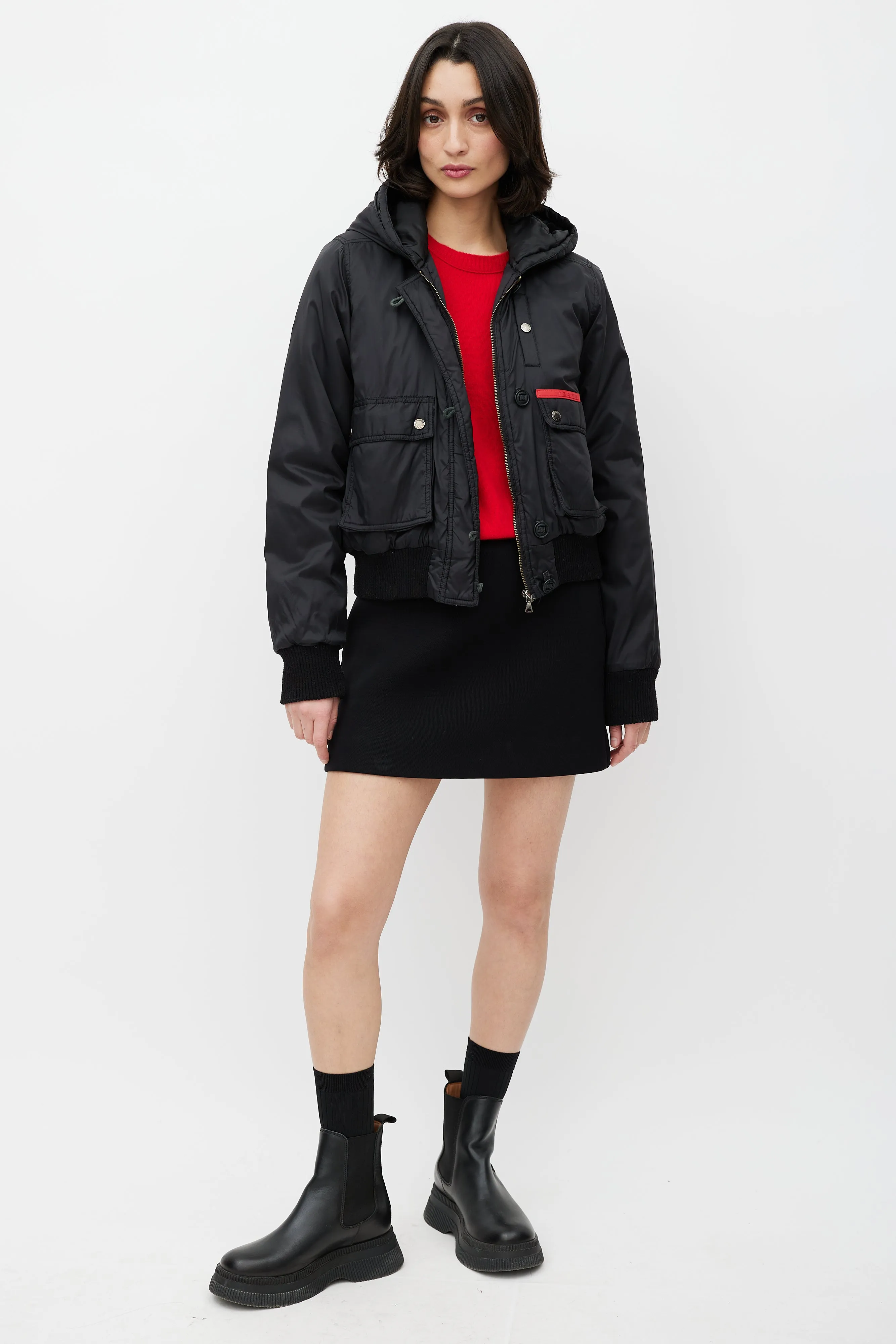 Black Hooded Nylon Bomber Jacket