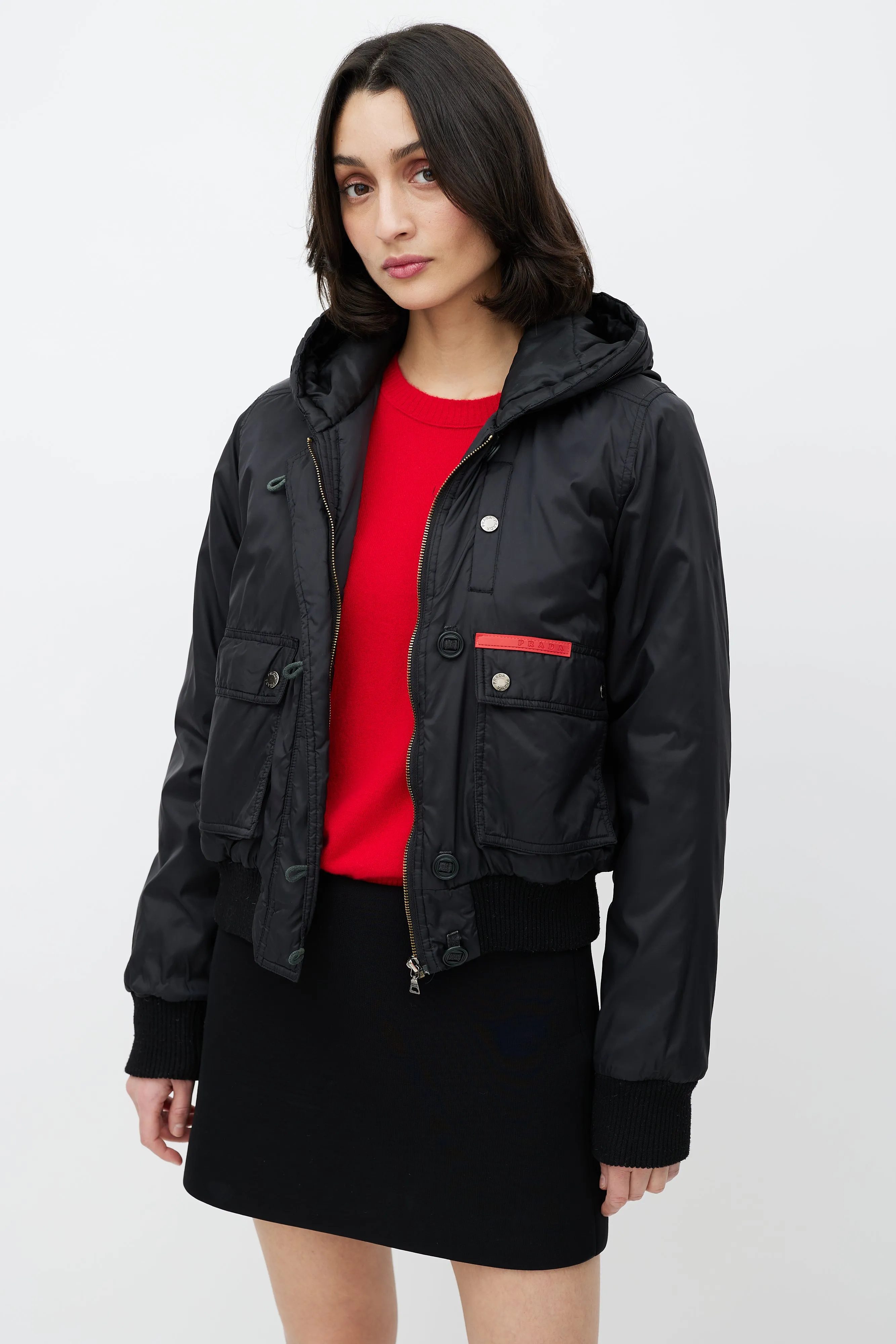 Black Hooded Nylon Bomber Jacket
