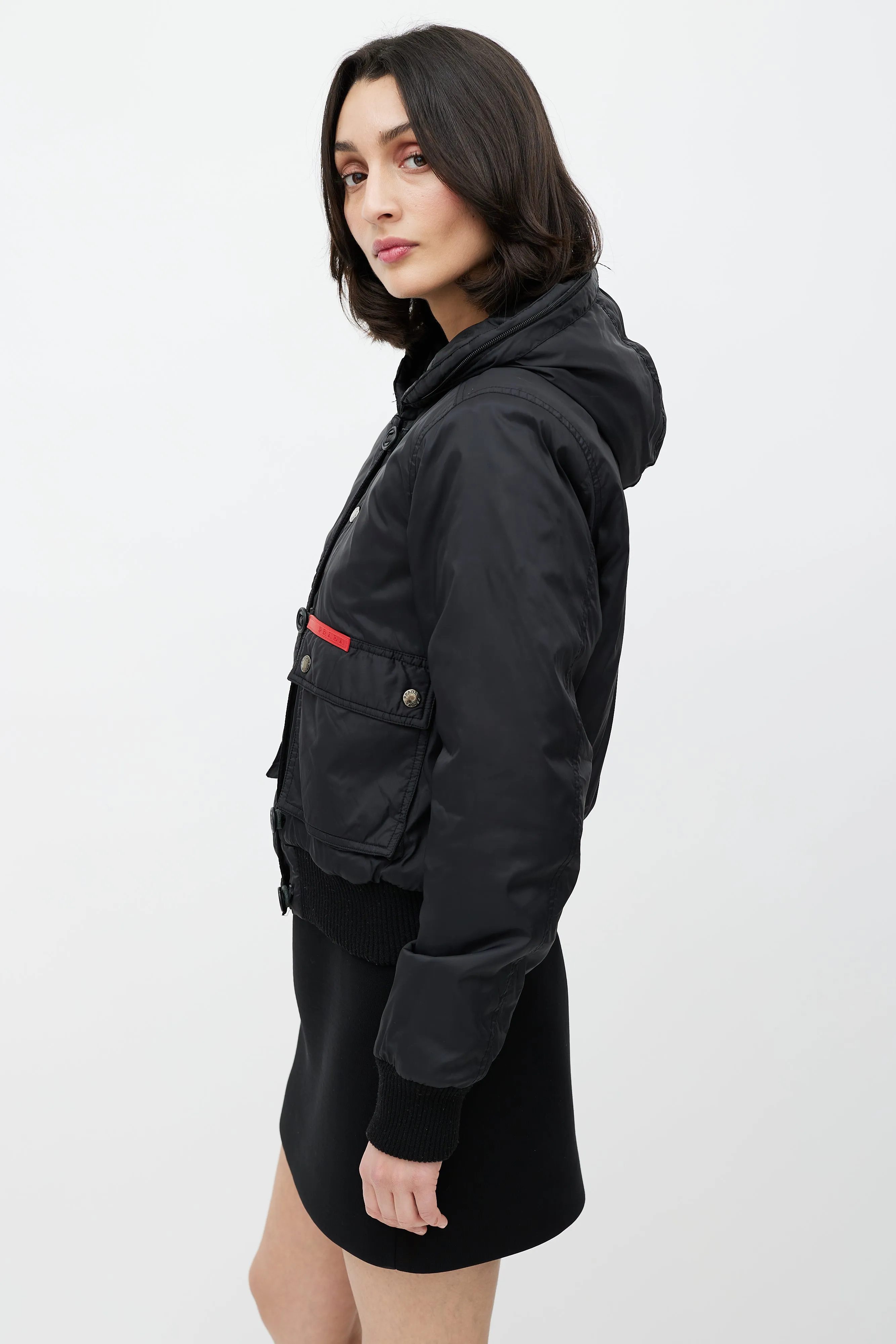 Black Hooded Nylon Bomber Jacket