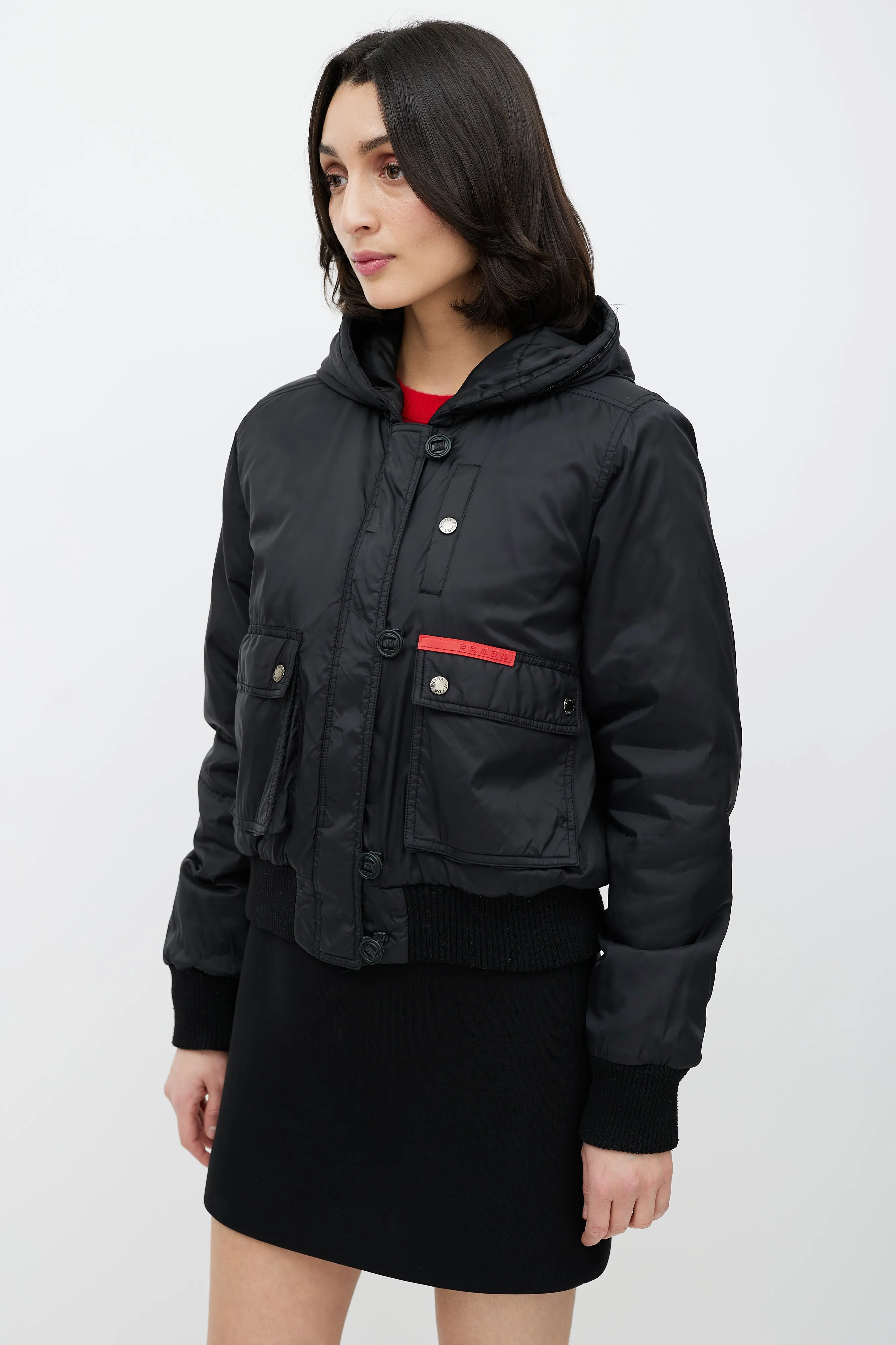 Black Hooded Nylon Bomber Jacket