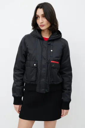 Black Hooded Nylon Bomber Jacket