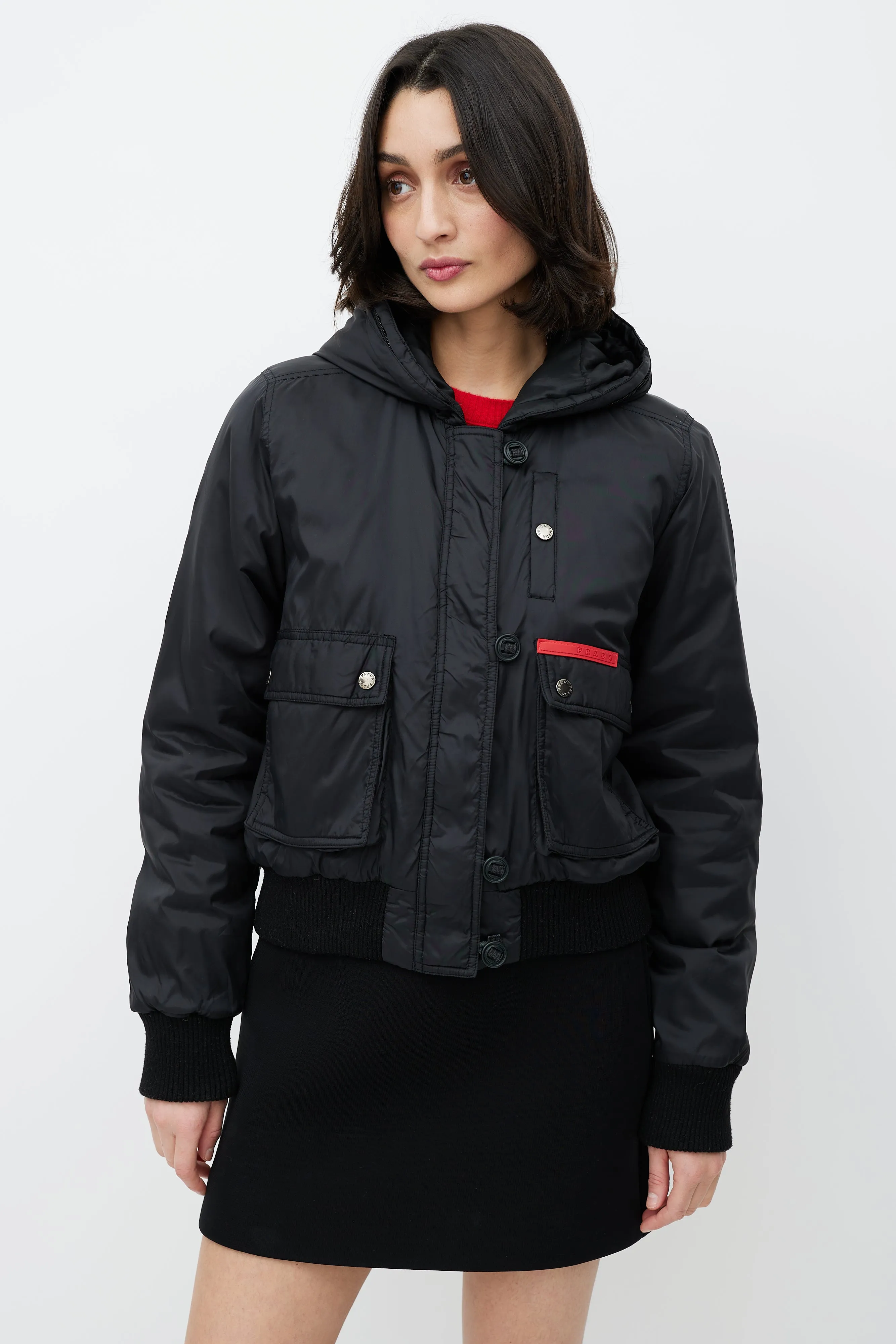 Black Hooded Nylon Bomber Jacket