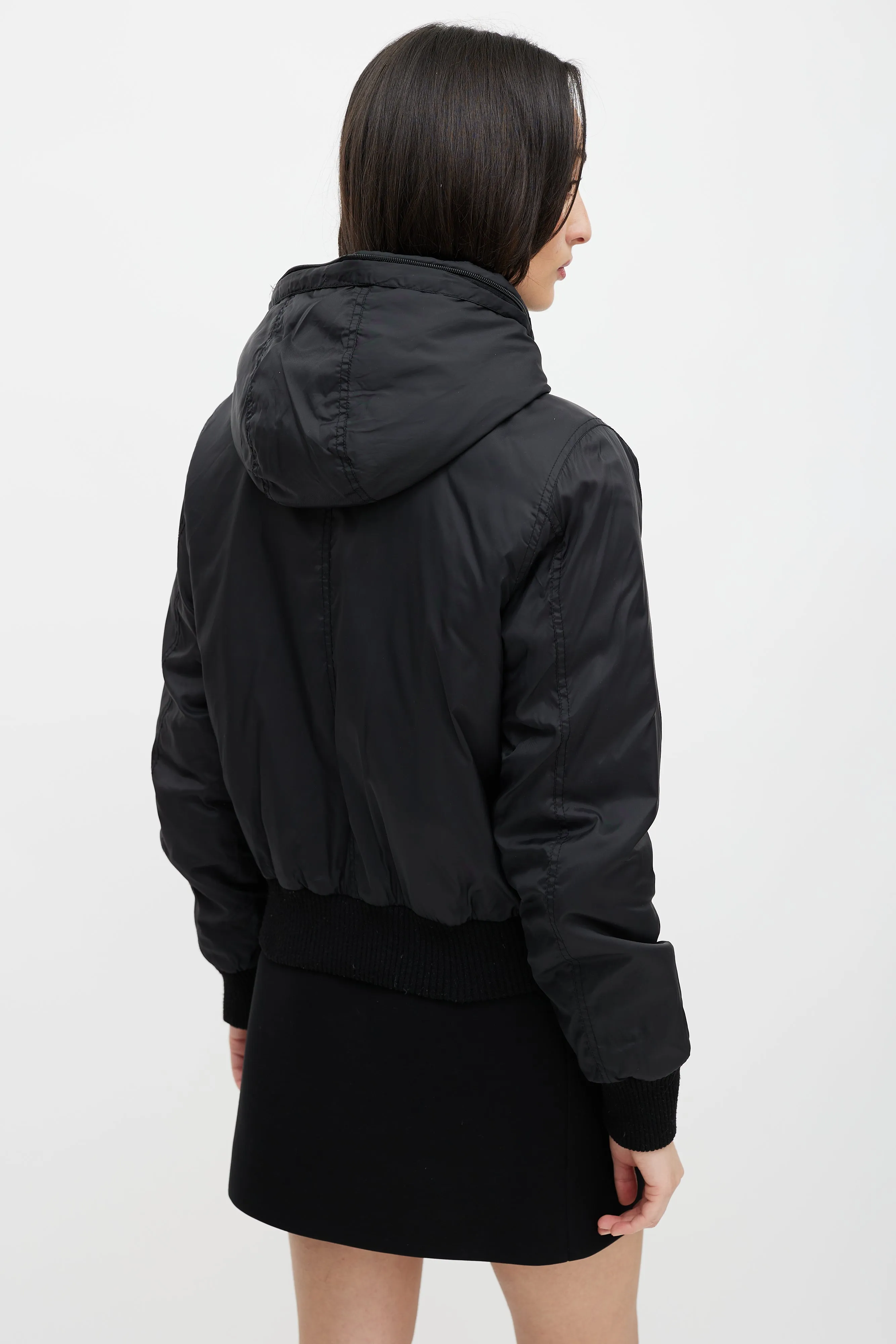 Black Hooded Nylon Bomber Jacket