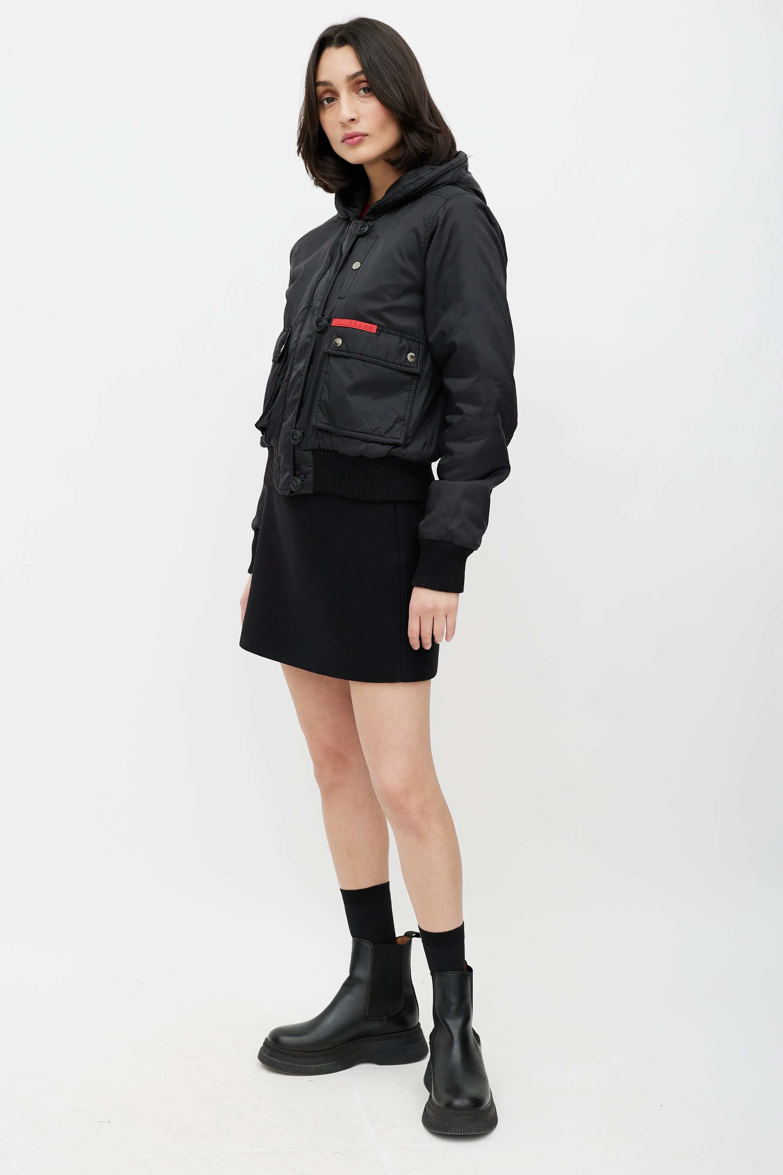 Black Hooded Nylon Bomber Jacket