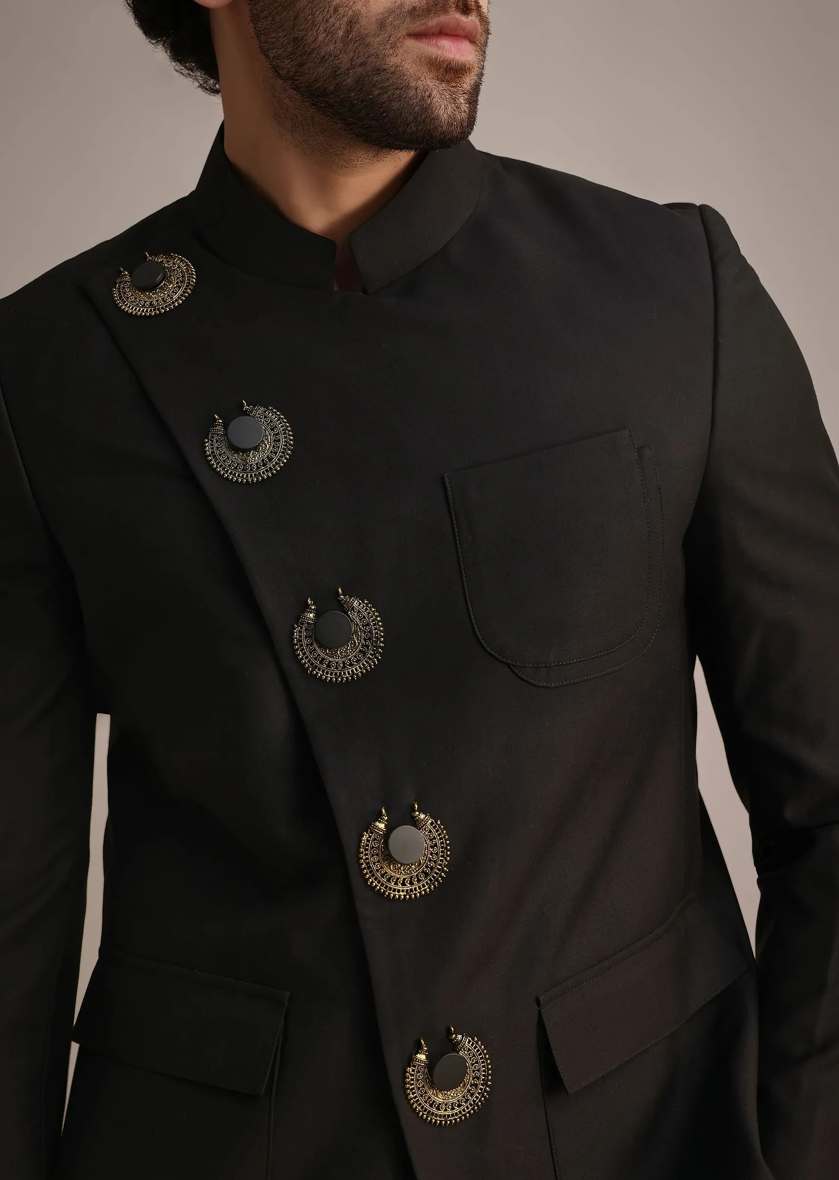 Black Rayon Angrakha Jodhpuri Suit