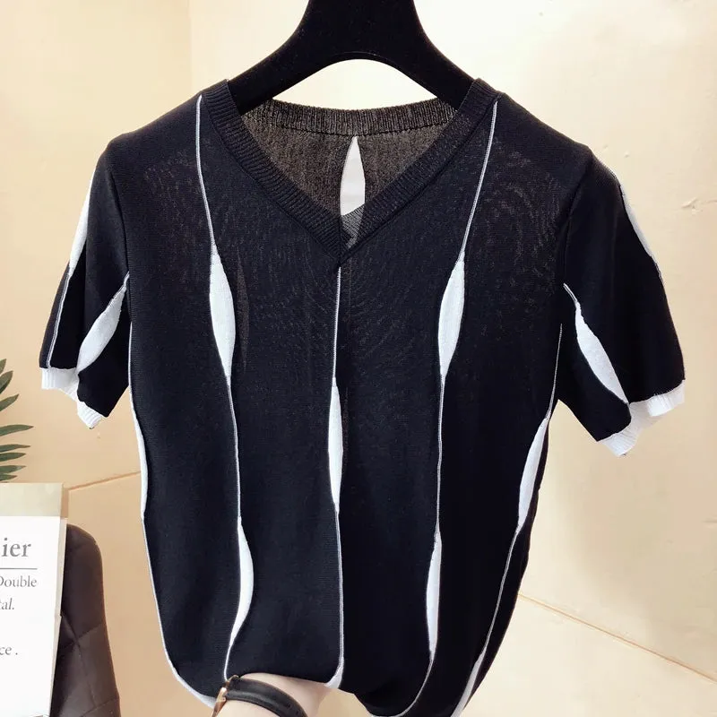 Bonnyshow Women Spring Summer Style Knitted Sweater Pullovers Lady Casual patchwork Color V-Neck Short Sleeve pink Pullovers Knitwear Tops