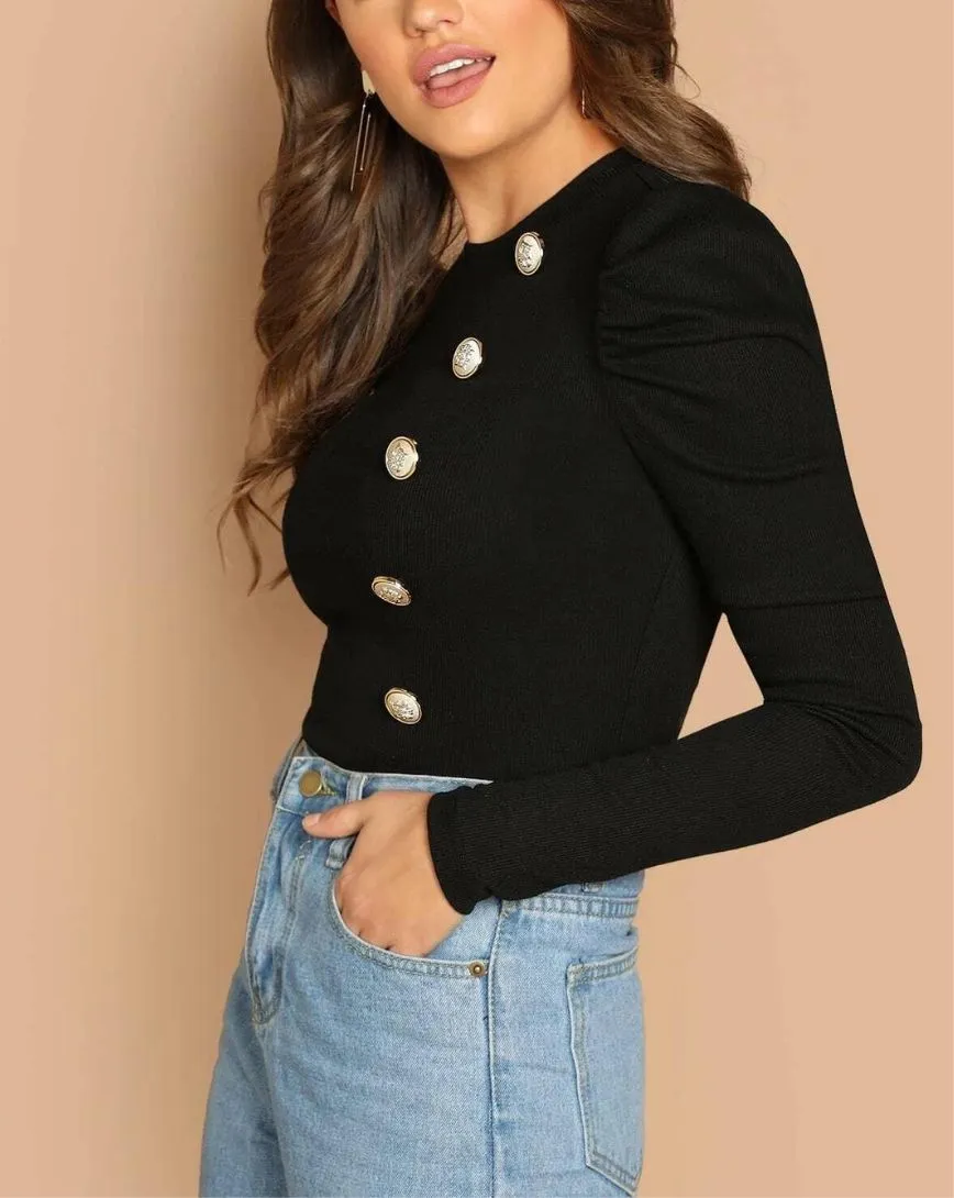 Button Front Puff Sleeve Top