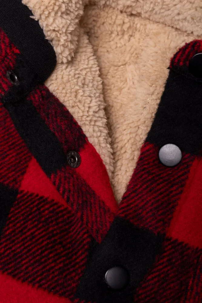 Check Hooded Shacket Black And Red