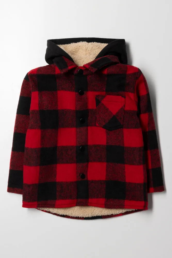 Check Hooded Shacket Black And Red