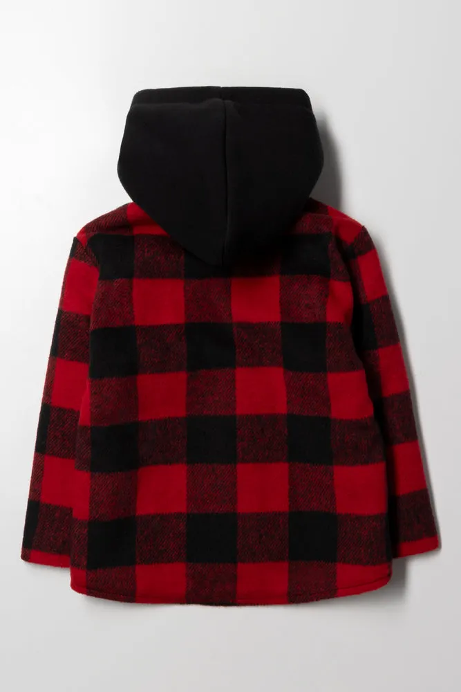 Check Hooded Shacket Black And Red