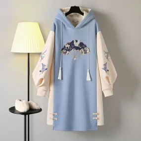 Chinese Style Hooded Stitching Vestido Cheongsam Embroidery Sweatshirt Dress Spring Autumn Women Buckle Thick Harajuku Dresses
