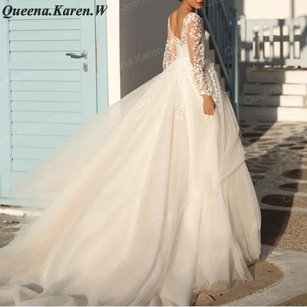 Elegant princess Wedding Dress long sleeve V neck lace applique bride dress robe de mariee A line Wedding Bridal Gown