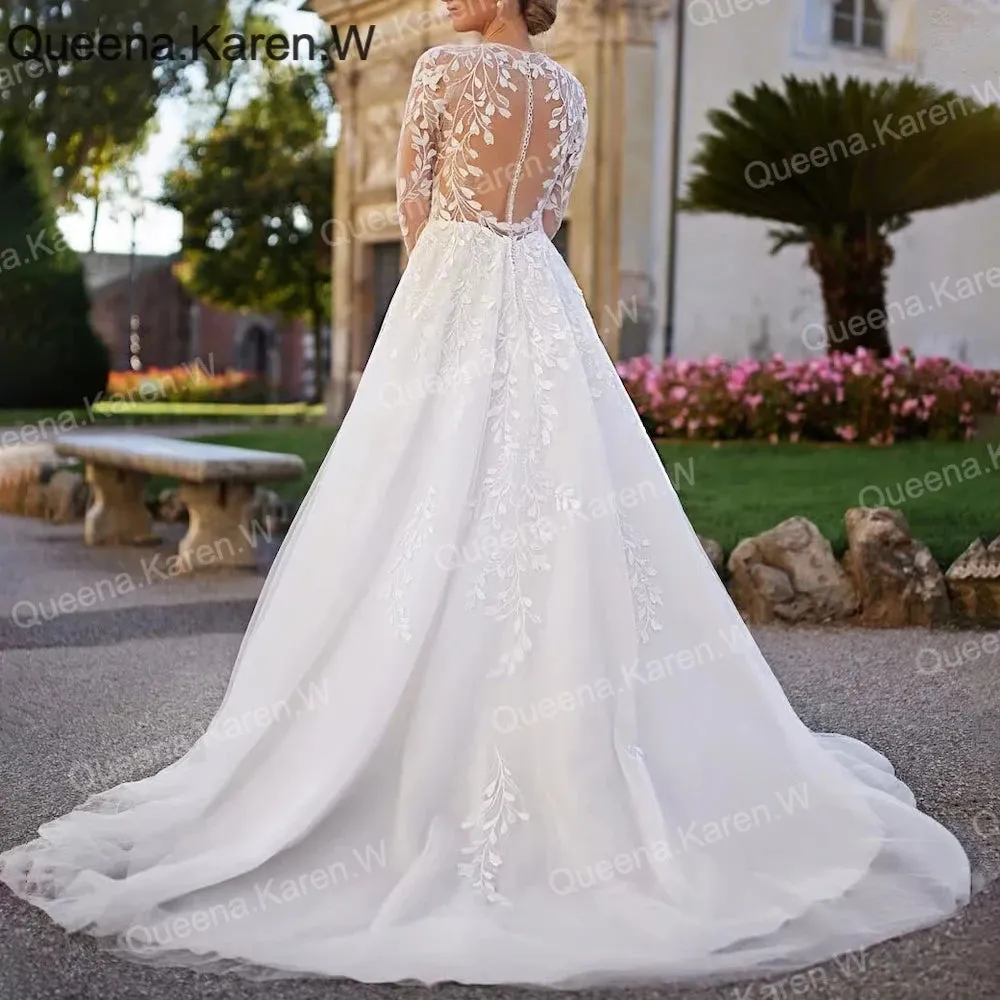Elegant Wedding Dress long sleeve V neck lace bride dress robe de mariee A line Wedding Bridal Gown