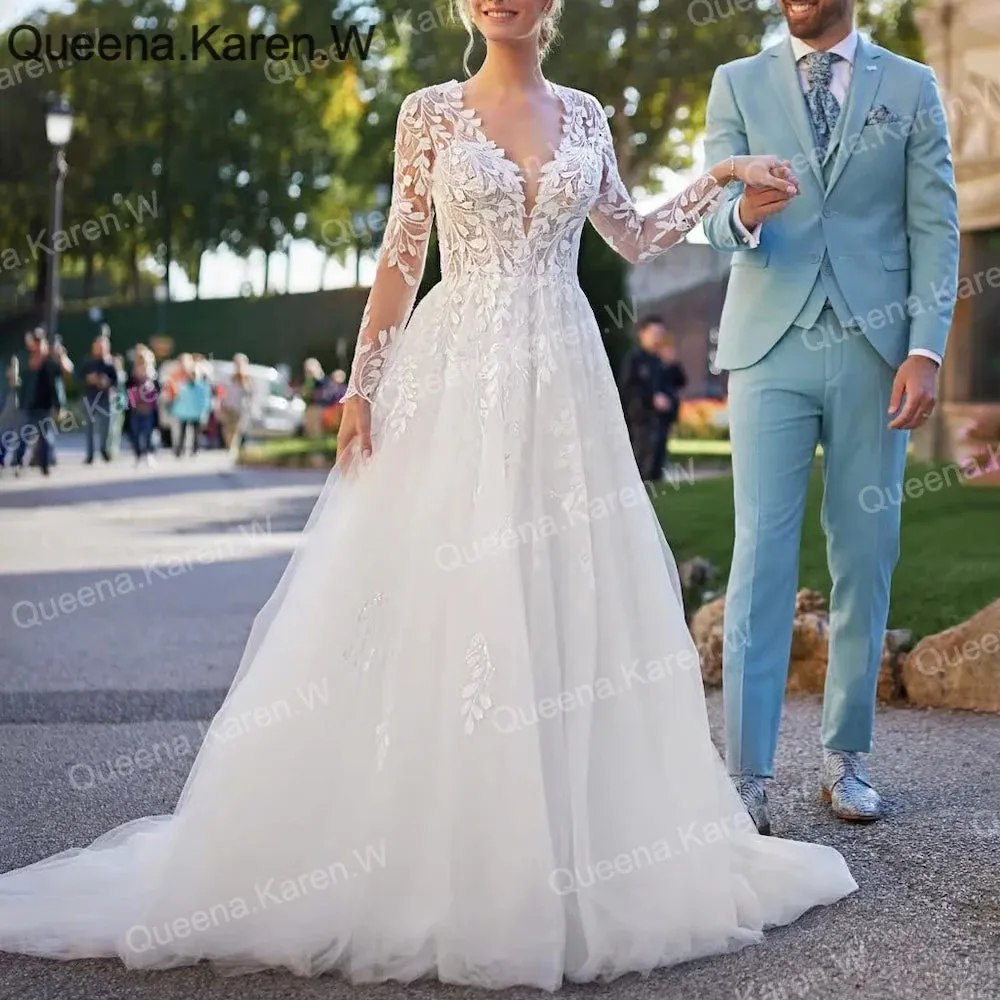Elegant Wedding Dress long sleeve V neck lace bride dress robe de mariee A line Wedding Bridal Gown
