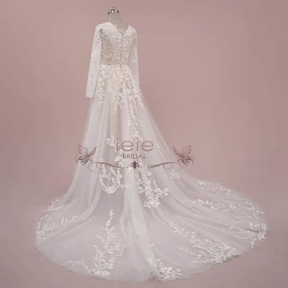 Modest Champagne Lace Wedding Dress with Long Sleeves | MASON
