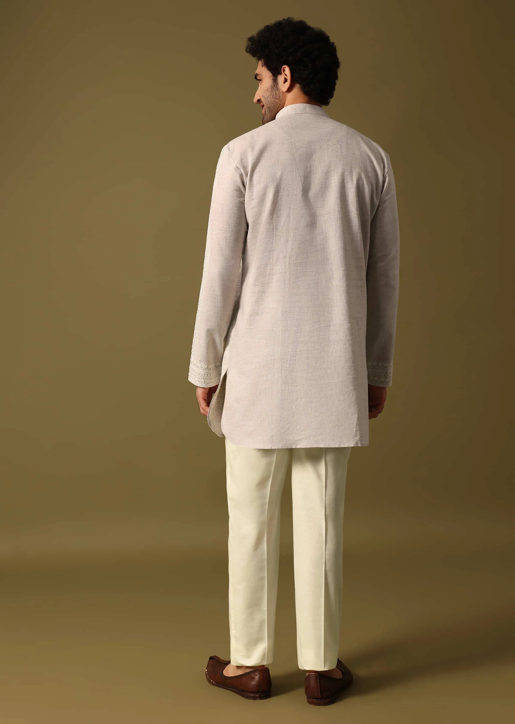 Off White Cotton Kurta Set With Resham Work For Men