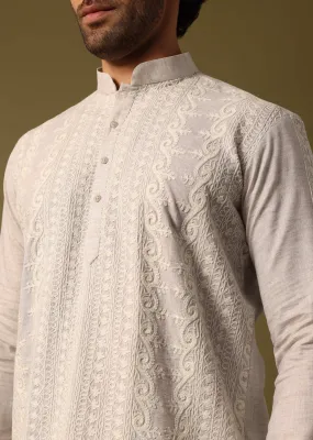 Off White Cotton Kurta Set With Resham Work For Men