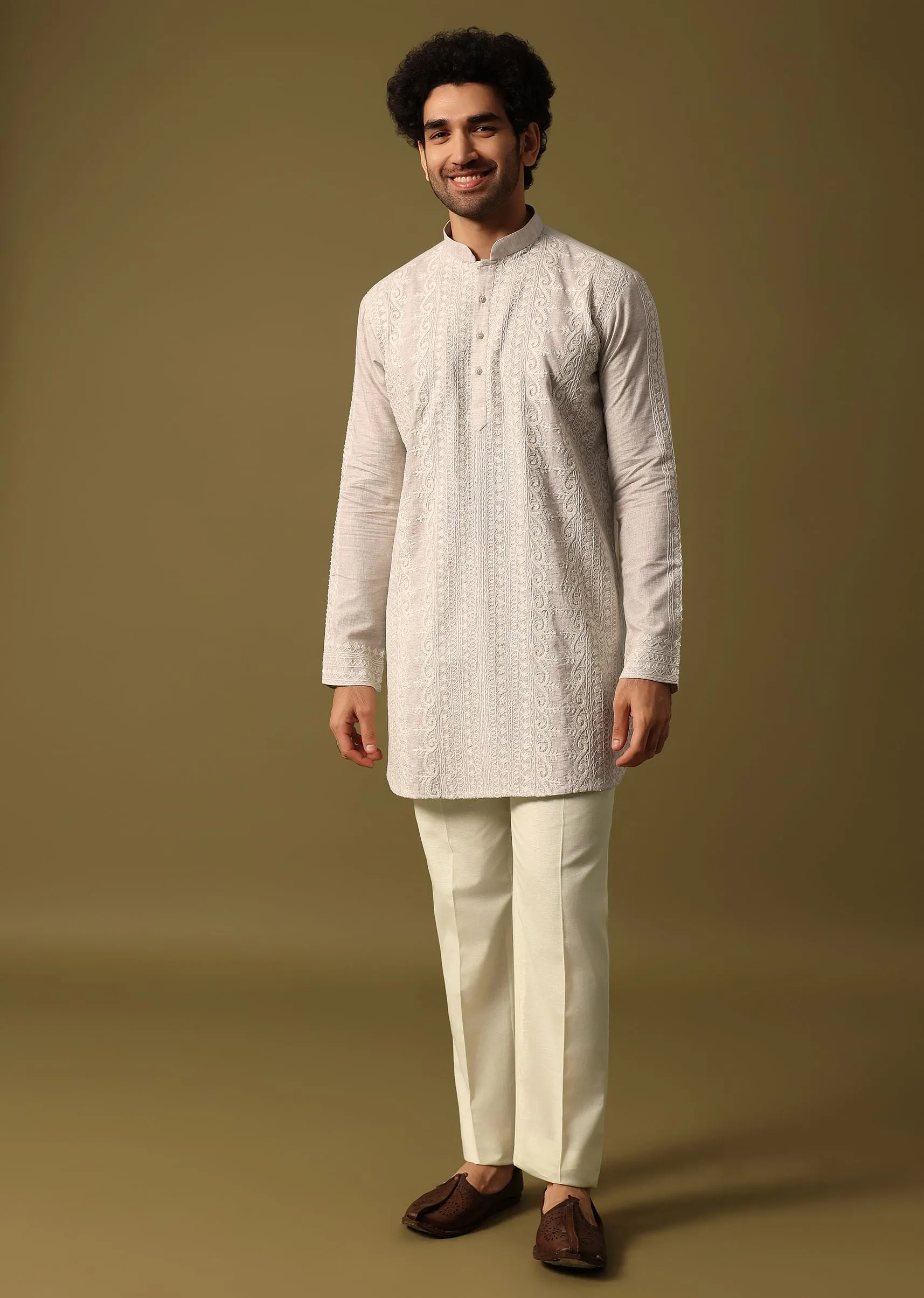 Off White Cotton Kurta Set With Resham Work For Men