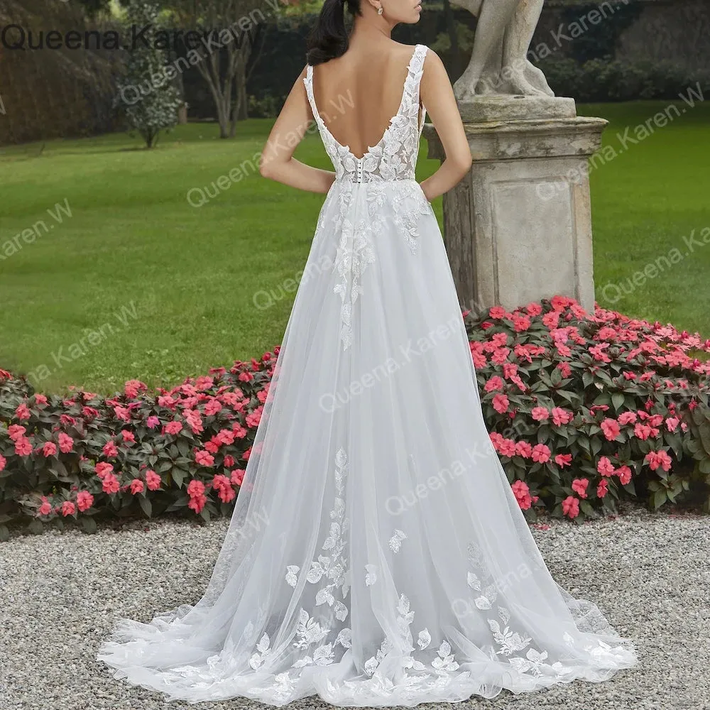 Queena.Karen.W Elegant Boho A line Wedding Dress lace bride dress robe de mariee A line Wedding Bridal Gown