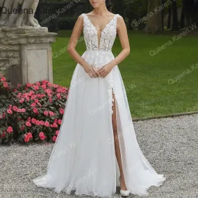 Queena.Karen.W Elegant Boho A line Wedding Dress lace bride dress robe de mariee A line Wedding Bridal Gown