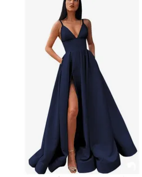 Sexy High Split Satin A Line V Neck Navy Blue Long Gown Formal Dress with Pockets PL10107