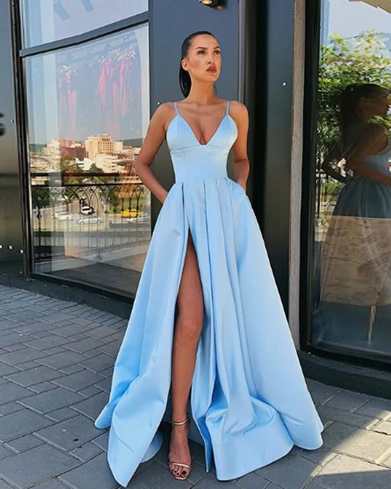 Sexy High Split Satin A Line V Neck Navy Blue Long Gown Formal Dress with Pockets PL10107